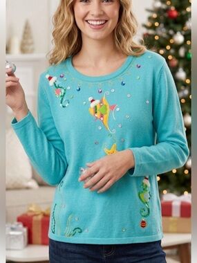 Christmas Sea Creatures Sweater Bobbie Bell Turquoise– Size XXL